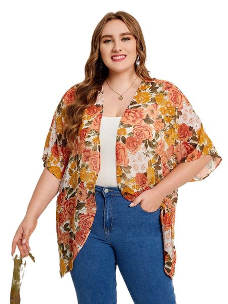 

emery rose plus allover floral print batwing sleeve kimono e3pu#, Black;gray