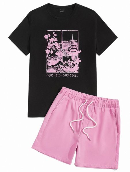 

men japanese letter & floral print tee & drawstring waist shorts 86ln#, Gray