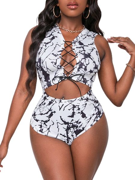 

sxy graphic print cut out lace up bodysuit p5pd#, White