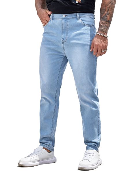 

extended sizes men single button slim straight jeans k99t#, Blue