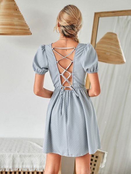 

polka dot lace up backless dress o7s0#, Black;gray
