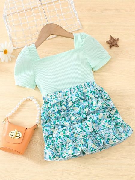 

toddler girls puff sleeve tee with floral ruched ruffle hem skirt she02, White