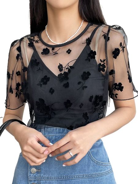 

dazy floral pattern puff sleeve mesh without camisole r1n7#, White