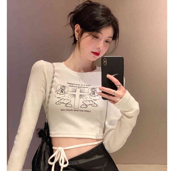 

women's t-shirt jingtian[women's league practice room]trendy american angel print short sleeve spice girl waistless long sleeve t, White