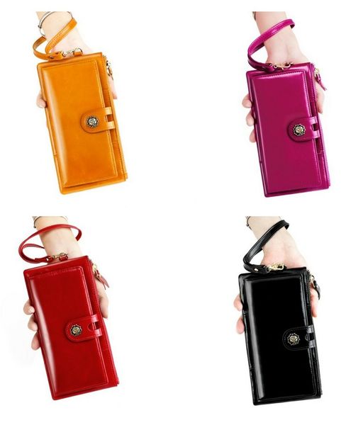 

women's purse multifunctional oil wax vintage handbag card bag leather long wallet vintage, Red;black