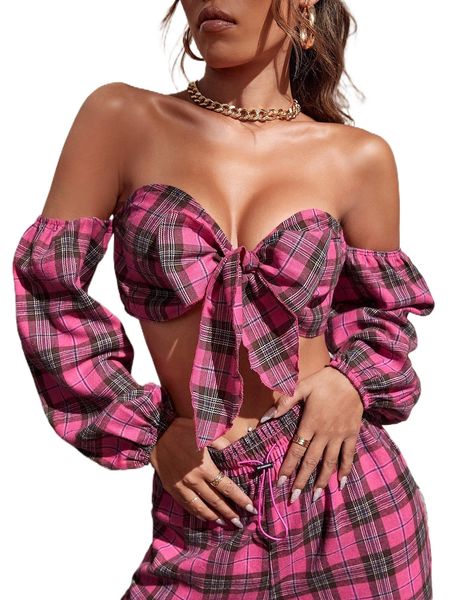

tartan print tie front off shoulder lantern sleeve crop u0au#, White