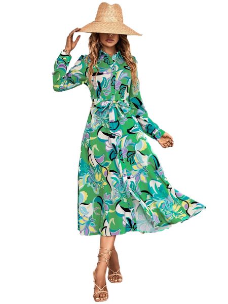 

floral print belted shirt dress 955d#, Black;gray
