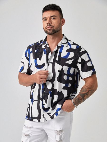 

extended sizes men allover print shirt c41t#, White;black
