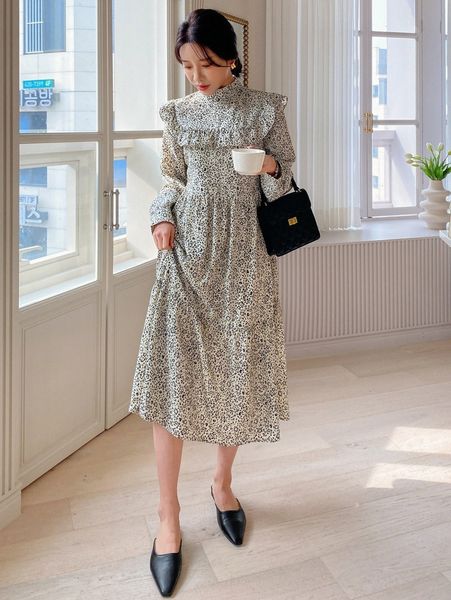 

dazy ditsy floral mock neck ruffle trim ruffle hem dress o1hg#, Black;gray