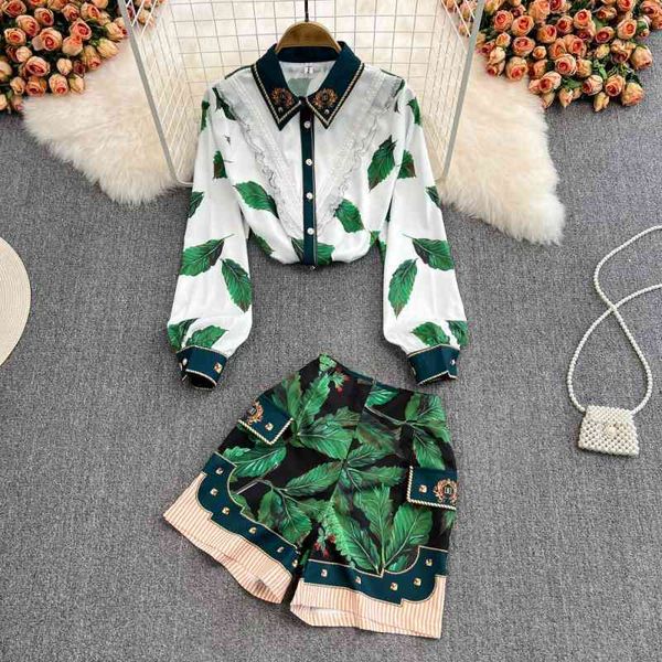 

two piece dress spring fashion suit female light familiar style celebrity temperament lace splicing shirt female high waist wide leg shorts, White