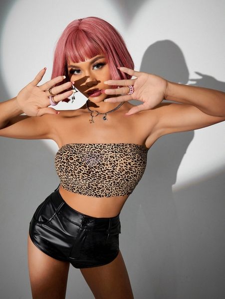 

rhinestone heart leopard print tube n4ng#, White