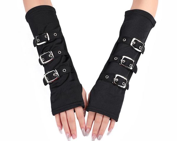 

womens goth buckle gloves costume accessories fingerless punk biker arm warmer gloves milk silk fabic black, Silver