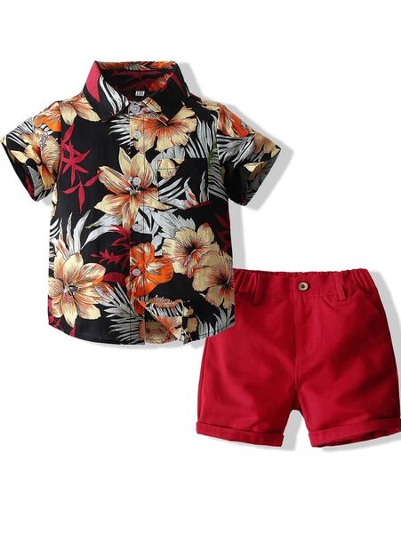 

toddler boys floral button up shirt with shorts she, White