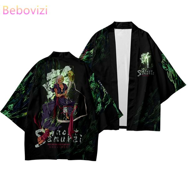 

japanese cartoon demon slayer samurai style set fashion kimono beach harajuku men women black cardigan haori obi asian pant suit, Red
