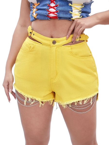 

sxy chain detail raw hem denim shorts 22gn#, White;black