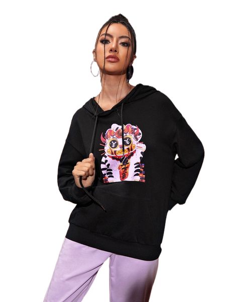 

x jasmynewhite drop shoulder drawstring cartoon graphic hoodie q1fh#, Black