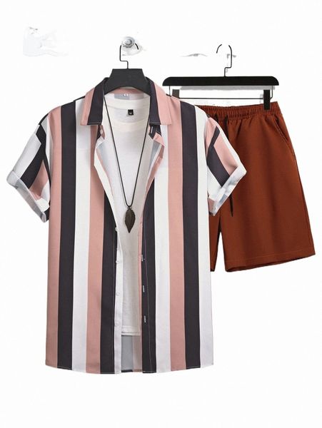 

men striped shirt & drawstring waist shorts without tee m61r#, Gray