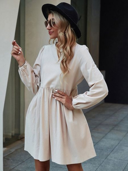 

textured lantern sleeve smock dress 60rx#, Black;gray