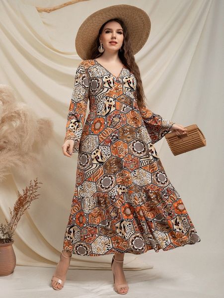 

plus patchwork print ruffle hem smock dress e59m#, Black