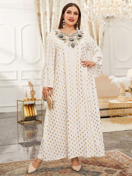 

plus gold geo print appliques flounce sleeve dress m9js#, Black