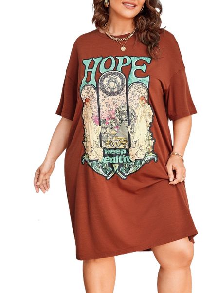 

plus slogan & figure graphic drop shoulder tee dress k4fo#, Black