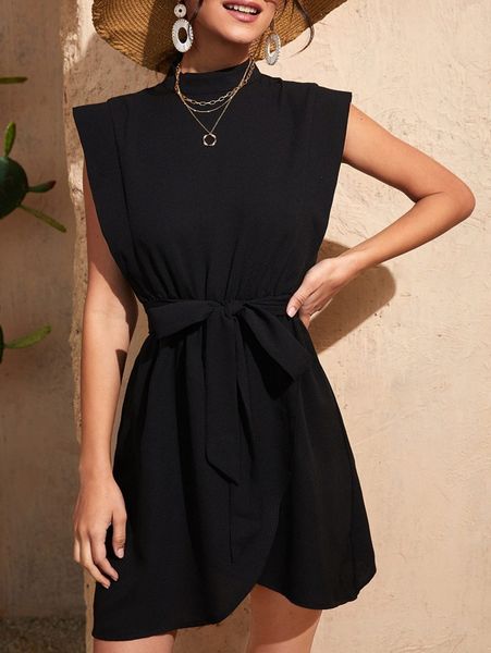 

keyhole back belted dress t5f9#, Black;gray
