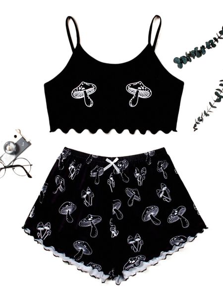 

mushroom print lettuce trim cami pj set h1ew#, Black;red