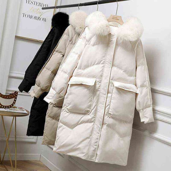 

winter women long parkas casual big fur collar hooded thicken windproof coat fashion outwear parkas 211118, Black