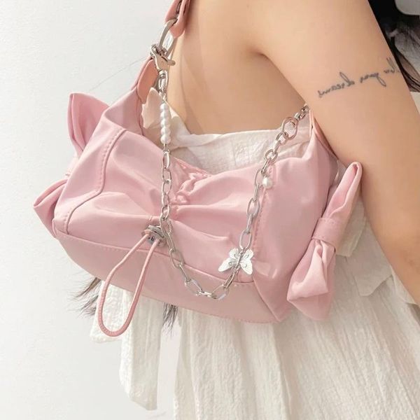 Вечерние сумки милые повседневные женские мешки на плече нейлон сплошной бабочка лук подмышка девочки лолита сумочки 2022 Shopper Женщина -сумочка