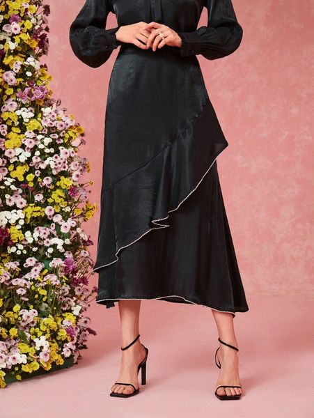 

rhinestone detail flounce hem skirt r3qz#, Black