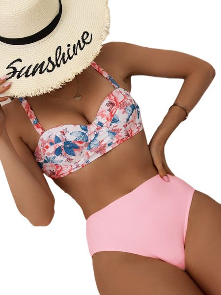 

floral push up bikini swimsuit z392#, White;black