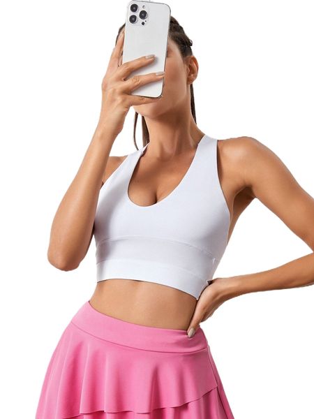 

solid criss cross medium stretch sports bra v8hp#, Gray