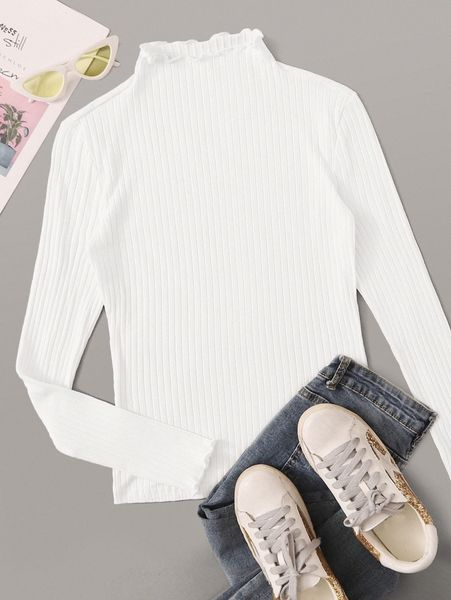 

ribbed mock neck lettuce-edge 98dv#, White