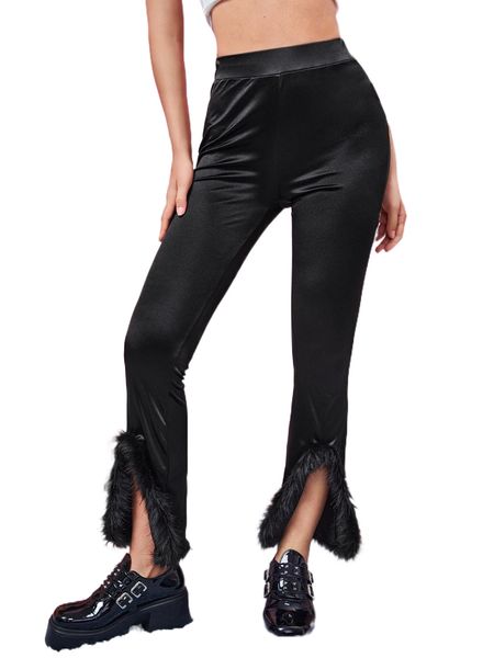 

contrast fuzzy split hem pants a9z4#, Black;white