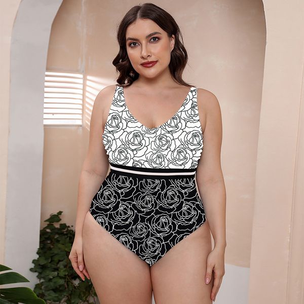 

womens plus size swimwear fashion swimsuit swimming beachwear siamese multi-color one-piece printing ripple no bra underwire support summer, Black
