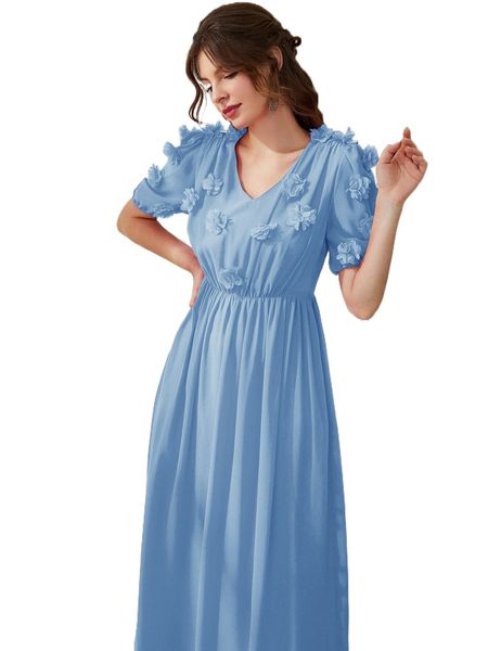 

stereo flower puff sleeve chiffon dress r03t#, Black;gray