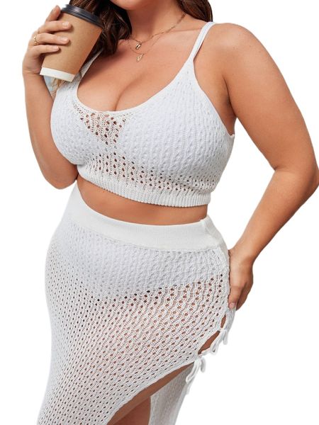 

plus solid crop knit & knot side split knit skirt p14j#, Black