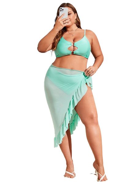 

plus ring linked ruffle trim bikini swimsuit with beach skirt k2vj#, White;black