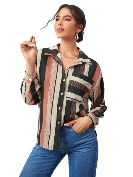

block striped drop shoulder blouse i2te#, White