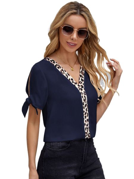 

v neck leopard print split sleeve e5mc#, White