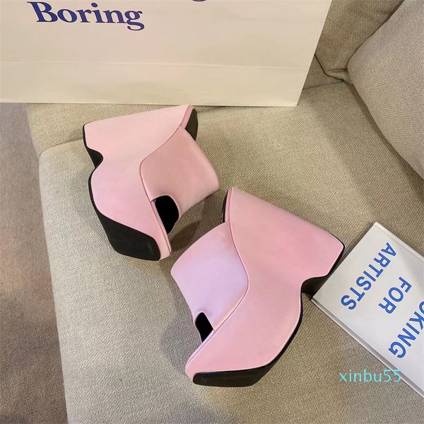 

platform sandals satin upper leather sole ankle strap and buckle strap design square head curved wedge trend, Black
