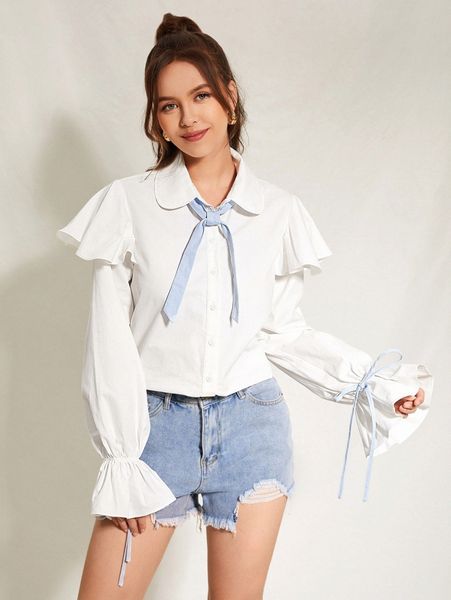 

x in moraine tie neck ruffle trim flounce sleeve blouse e3pw#, White