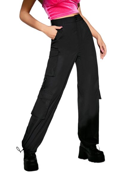 

flap pocket side drawstring hem cargo pants x7km#, Black;white