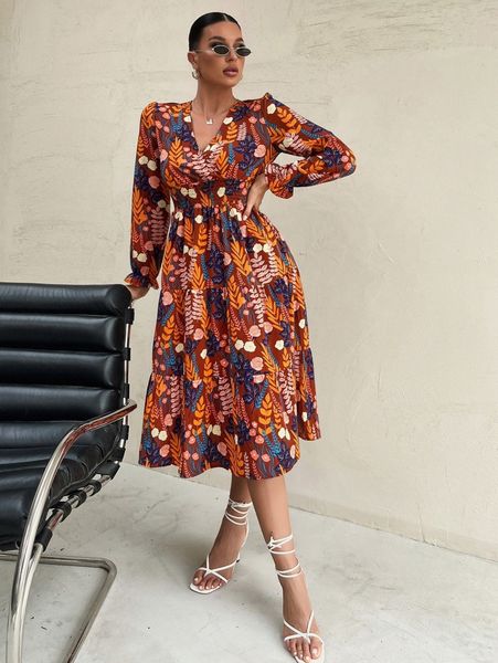 

floral print shirred flounce sleeve ruffle hem dress g2vg#, Black;gray