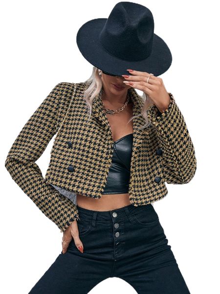 

houndstooth print double breasted crop tweed overcoat i1ft#, Black