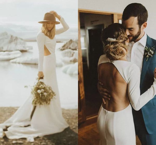 

2022 designer mermaid wedding dresses backless bridal gown jewel neck side slit sweep train custom made satin plus size beach country vestid, White