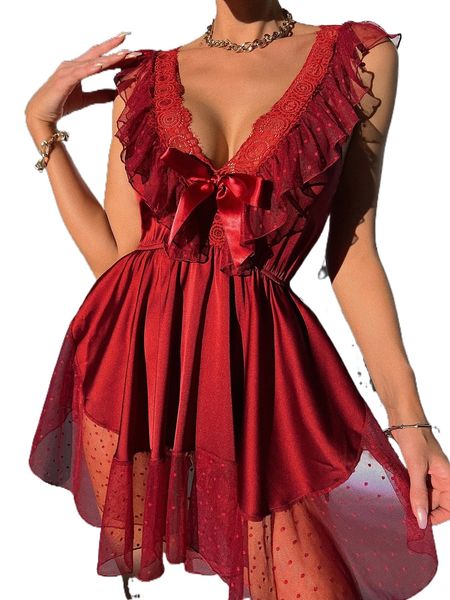 

contrast lace bow front satin dress j0q3#, Black;red