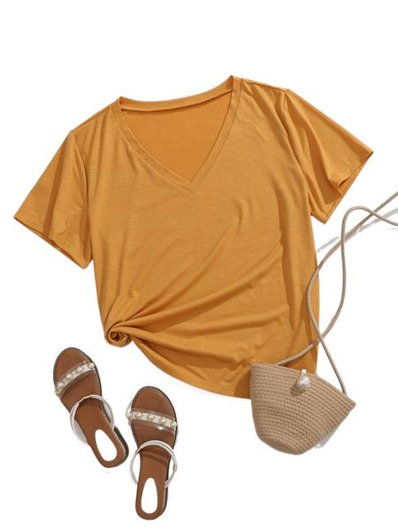 

plus solid v-neck split side tee u9og#, Black