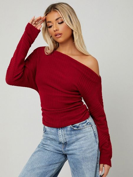 

asymmetrical neck rib-knit tee m940#, White