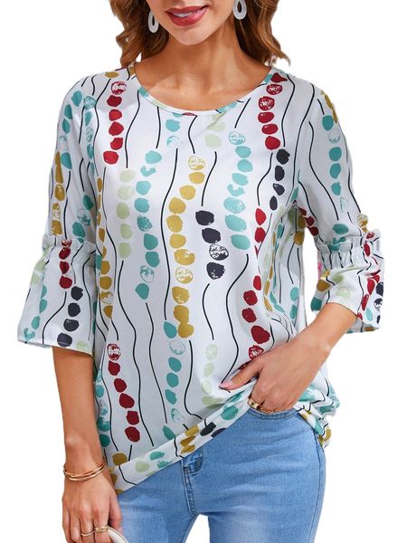 

emery rose allover print flounce sleeve blouse v8la#, White